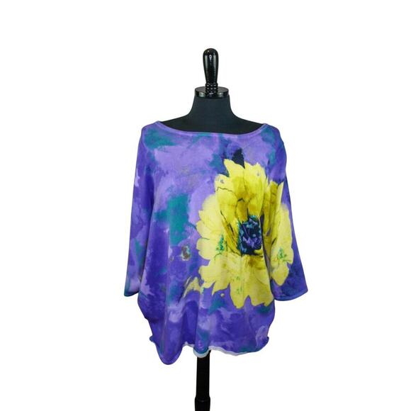Simonton Says Knit Top Floral Purple Yellow Wide Neck Bold Tie Dye XL - Picture 1 of 4